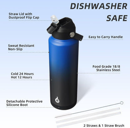 BJPKPK Insulated Water Bottle with Straw Lid, 18oz Thermo Water Bottles with Soft Nozzle, Flex Handle & Non-slip Boot, BPA Free Leak Proof Stainless Steel Metal Thermo, Tumblers, Cups,Sea Salt