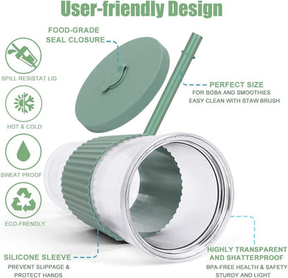 2 Pack Reusable Boba Tea Cups, 24oz Iced Coffee Cup with Straw and Lid, Leakproof Clear Plastic Cups Tumbler, Double Wall Insulated Smoothie Tumbler, Wide Straw for Bubble Tea, Black and White