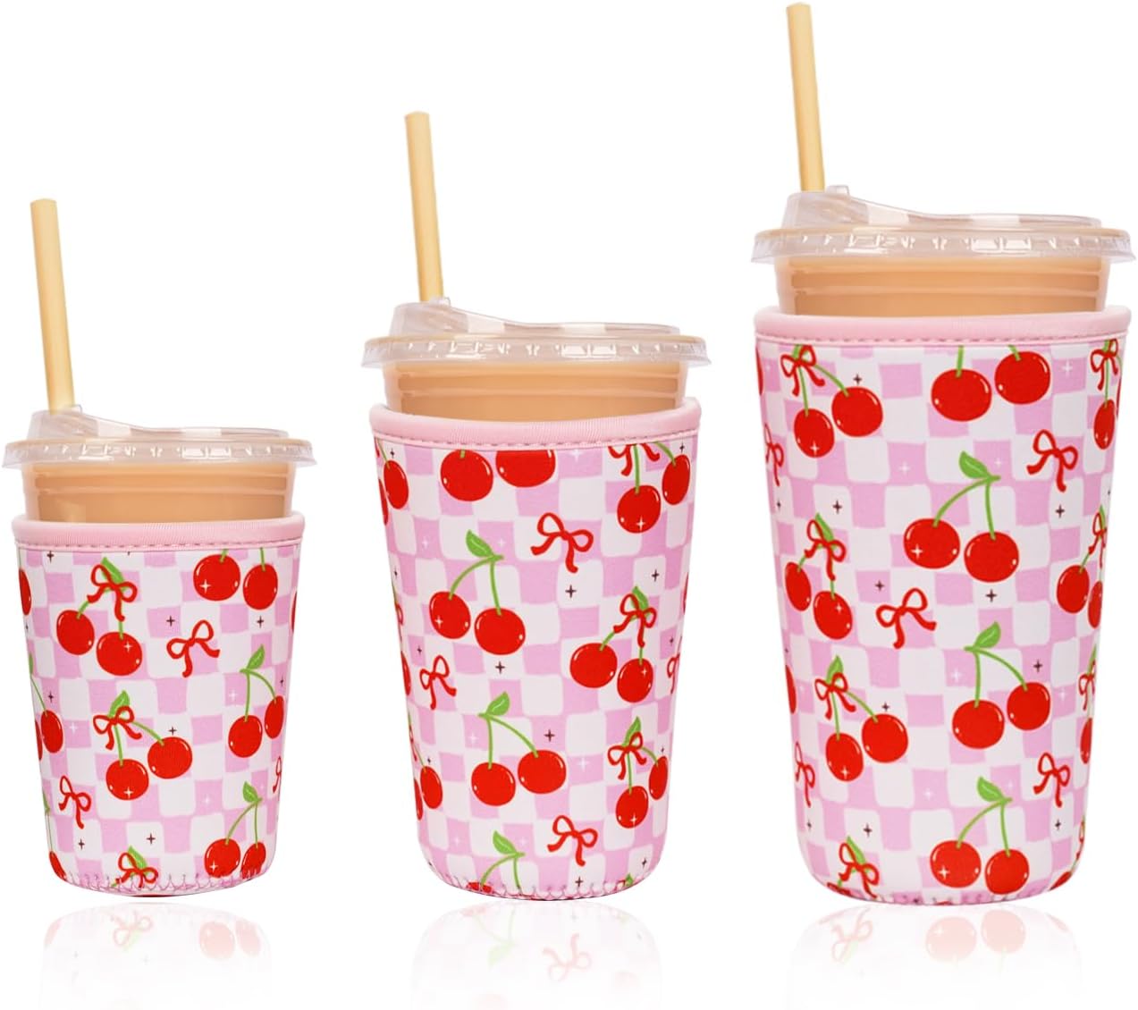 Reusable Insulated Neoprene Iced Coffee Cup Sleeve, Durable Drink Sleeve for Cold Beverages, Beverage Holder for Iced Coffee, Floral Checkers