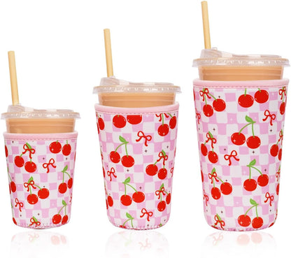 Reusable Insulated Neoprene Iced Coffee Cup Sleeve, Durable Drink Sleeve for Cold Beverages, Beverage Holder for Iced Coffee, Floral Checkers