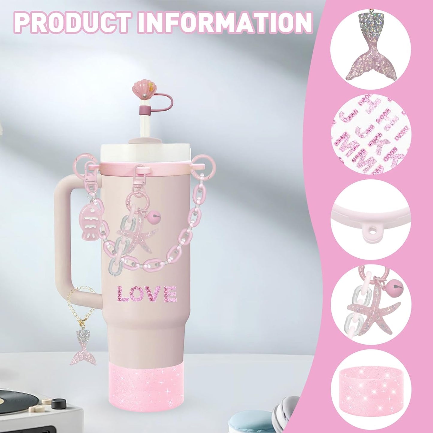 Accessories Set for Stanley Cup,Water Bottle Handle Strap,Straw Topper,Silicone Cover Cap and Boot,Keychain Charms,Handle Charms,Initials Sticker for Stanley Tumbler 40oz/30oz(Purple Ocean)