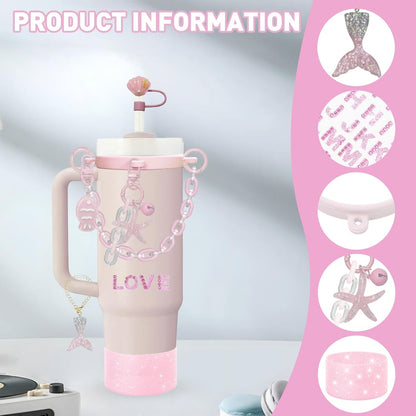Accessories Set for Stanley Cup,Water Bottle Handle Strap,Straw Topper,Silicone Cover Cap and Boot,Keychain Charms,Handle Charms,Initials Sticker for Stanley Tumbler 40oz/30oz(Purple Ocean)