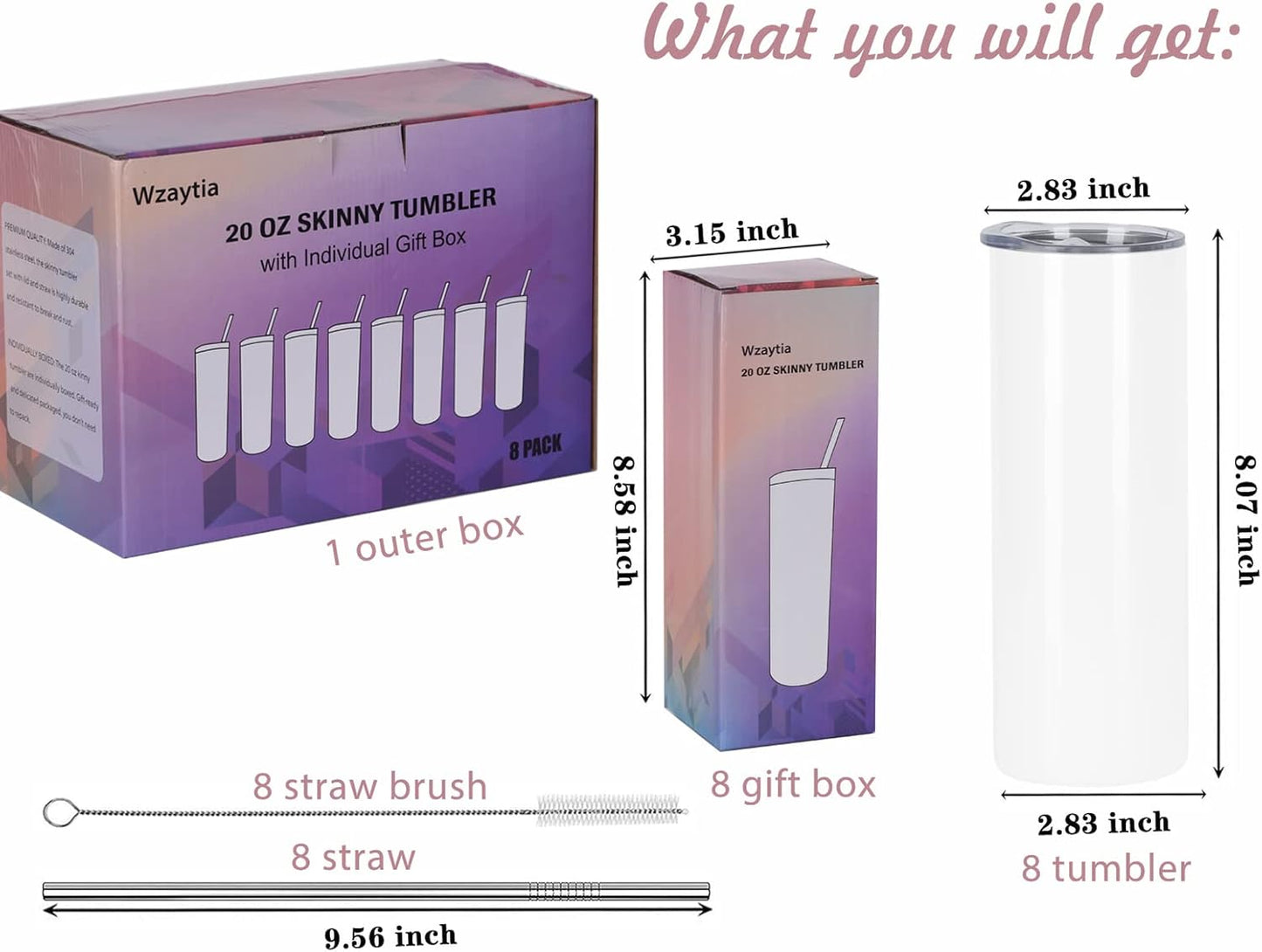 8 Pack 20 Oz Straight Skinny Tumblers, Individually Gift Boxed Stainless Steel Slim Skinny Tumbler Set Bulk, 20 Oz Insulated Slim Thin Travel Tumbler Cup for Diy, Silver
