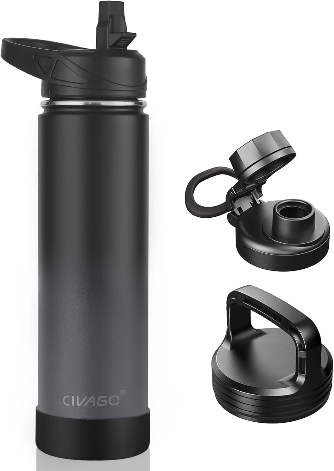 CIVAGO 32 oz Insulated Water Bottle With Straw, Stainless Steel Sports Water Cup Flask with 3 Lids (Straw, Spout and Handle Lid), Wide Mouth Travel Thermal Mug, Black