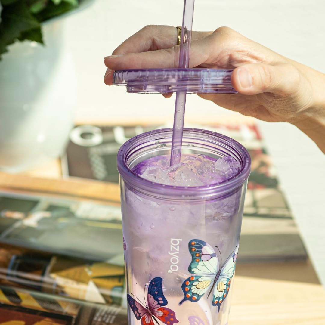 bzyoo SIP 24oz (710ml) Double Wall Plastic Tumbler with Lid and Straw Cold Drink Travel Mug Reusable Party Cup Perfect for Office Ice Coffee or Tea and Gift Color: Pink & Purple