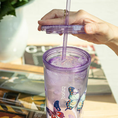 bzyoo SIP 24oz (710ml) Double Wall Plastic Tumbler with Lid and Straw Cold Drink Travel Mug Reusable Party Cup Perfect for Office Ice Coffee or Tea and Gift Color: Pink & Purple