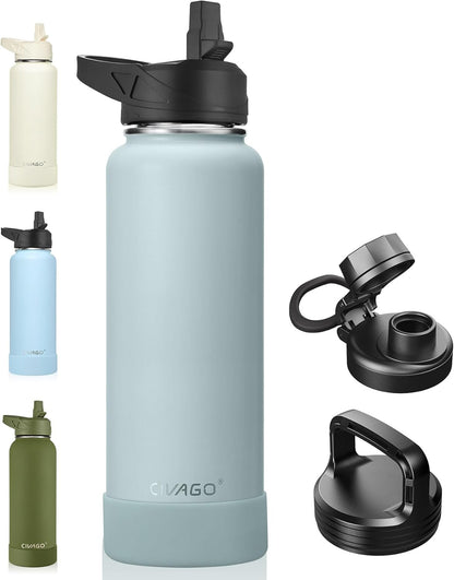 CIVAGO 32 oz Insulated Water Bottle With Straw, Stainless Steel Sports Water Cup Flask with 3 Lids (Straw, Spout and Handle Lid), Wide Mouth Travel Thermal Mug, Black