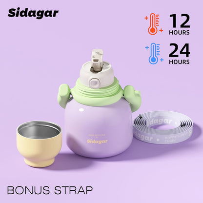22 oz Water Bottle with Straw and Bowl, Unique Insulated Stainless Steel Tumbler, Spill-proof Reusable BPA-Free Cup, Pilates Wellness Study Travel, with Bonus Strap - Chocolate Black