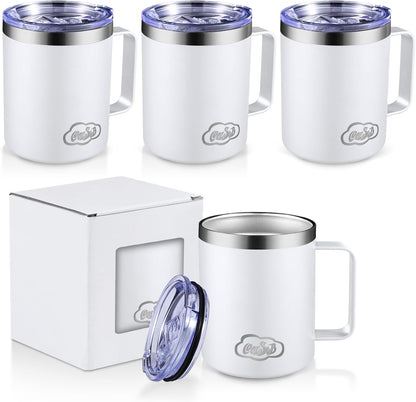 12oz Insulated Coffee Mug with Handle, Stainless Steel Wide Mouth Travel Tumblers with Lid, Double Wall Vacuum Coffee Cup for Camping, Office, Army Green 4 Pack
