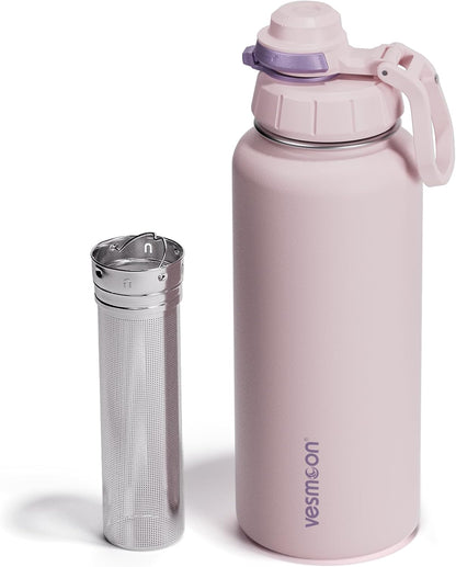 Vesmoon Vessence 24 Oz Stainless Steel Tea Infuser Bottle for Loose Leaf Tea, Water, Herbs, Fruits - Triple Layered Insulated, Leak Proof Bottle with Lid and Clip Handle - 24 Hours Hot/Cold