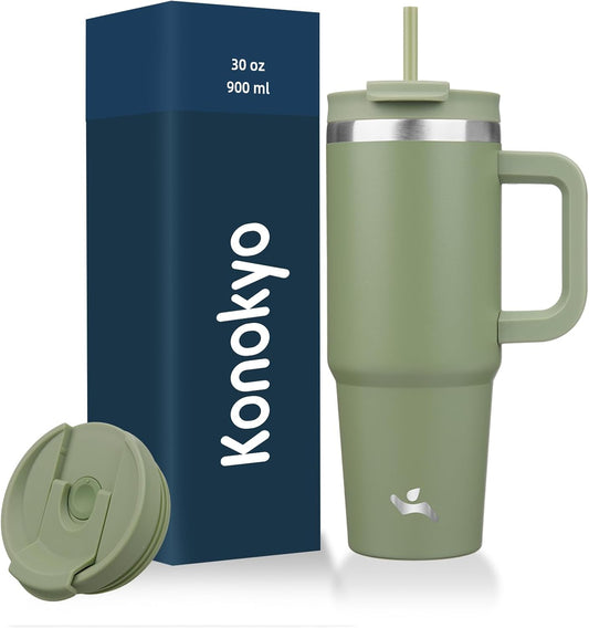 Konokyo 30 oz Tumbler with Handle and 2 Straws,2 in 1 Lid Insulated Water Bottle Stainless Steel Travel Coffee Mug,Sky