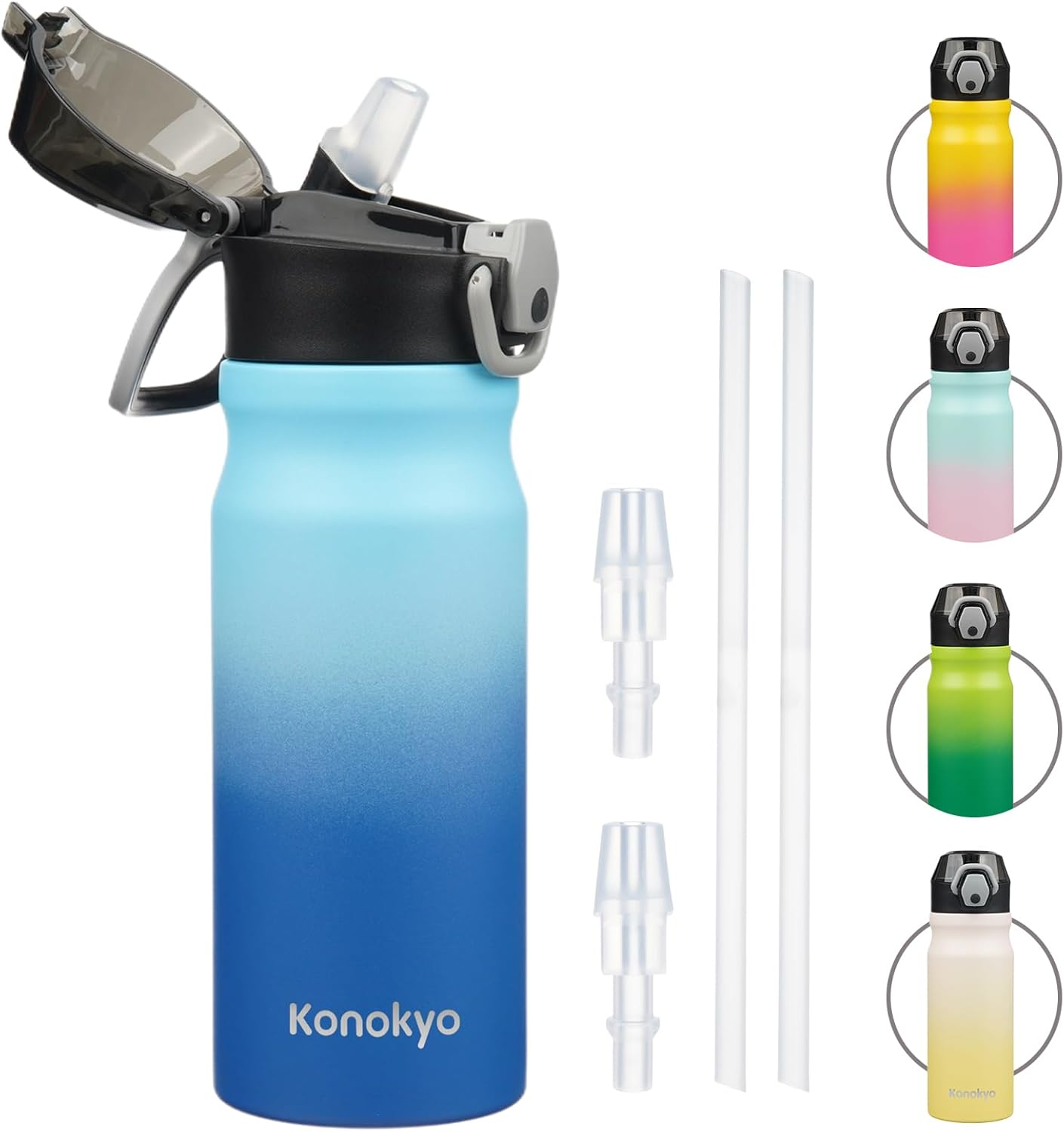 Konokyo 18 oz Insulated Water Bottle with Straw Lid, Stainless Steel Vacuum Sports Water Bottle, Leak-Proof Reusable Metal Flask with Carry Loop, BPA-Free Travel Bottle for Gym, School, Office
