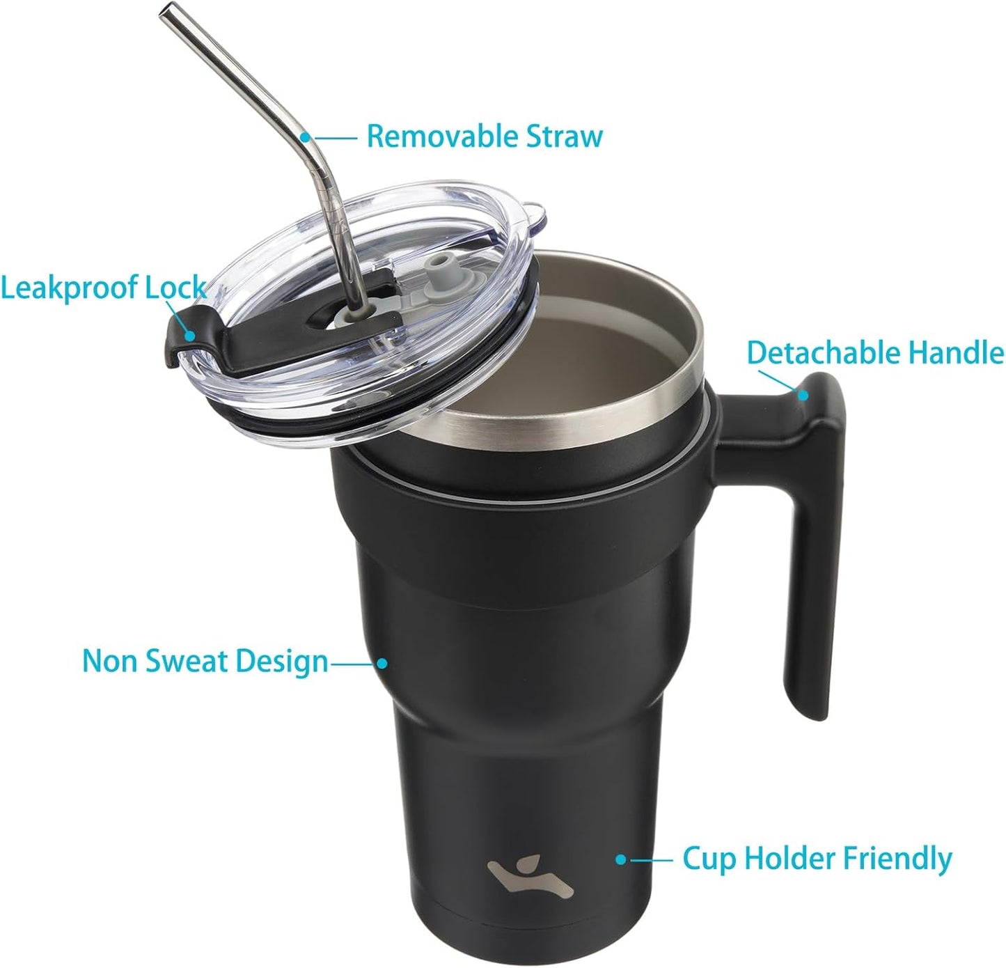 Konokyo 20 oz Tumbler with Handle and 2 Straw 2 Lid, Insulated Water Bottle Stainless Steel Vacuum Cup Reusable Travel Mug,Black