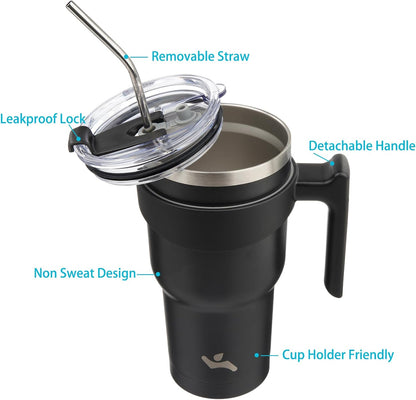 Konokyo 20 oz Tumbler with Handle and 2 Straw 2 Lid, Insulated Water Bottle Stainless Steel Vacuum Cup Reusable Travel Mug,Black