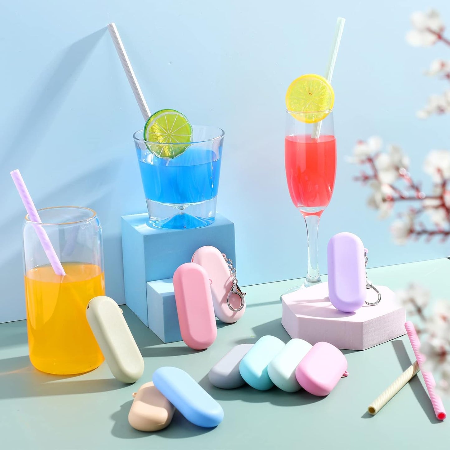 Irenare 20 Sets Silicone Straws with Case Reusable Collapsible Foldable Travel Portable Straw Cold or Hot Drinking with Carry Case, Long Cleaning Brush and Keychain, 10 Colors(Classic)
