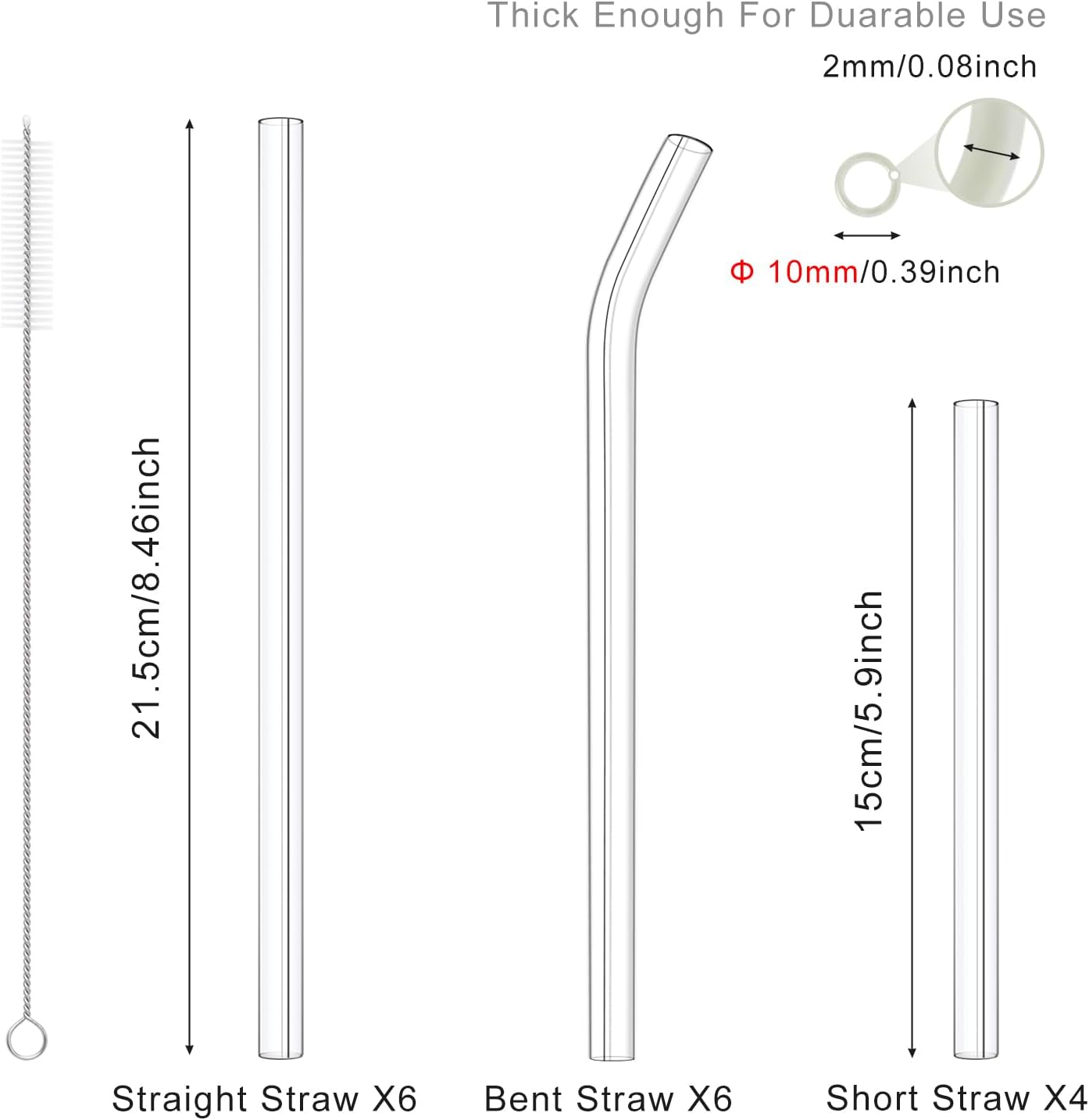 16 Pack Clear Glass Straws Shatter Resistant, Φ10 mm Thick Glass Straws, Family Pack
