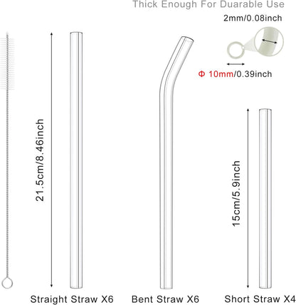 16 Pack Clear Glass Straws Shatter Resistant, Φ10 mm Thick Glass Straws, Family Pack