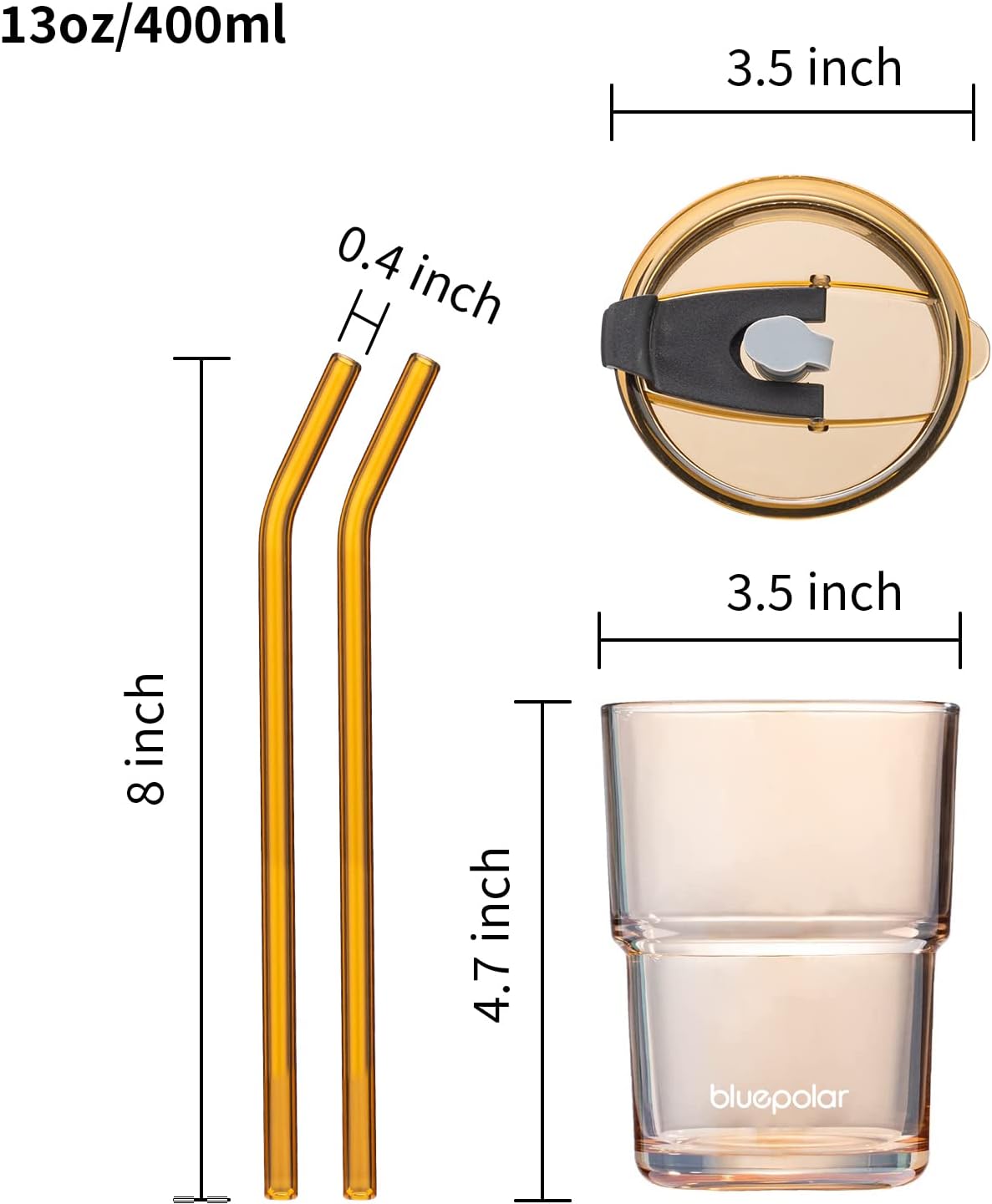 BLUEPOLAR 13oz/400ml Glass Water Tumbler with Straw and Lid Sealed Carry On Thick Wall Iced Coffee Cup Glass Cup for Water, Iced Tea Fruit Juice Etc (White-2Pack)