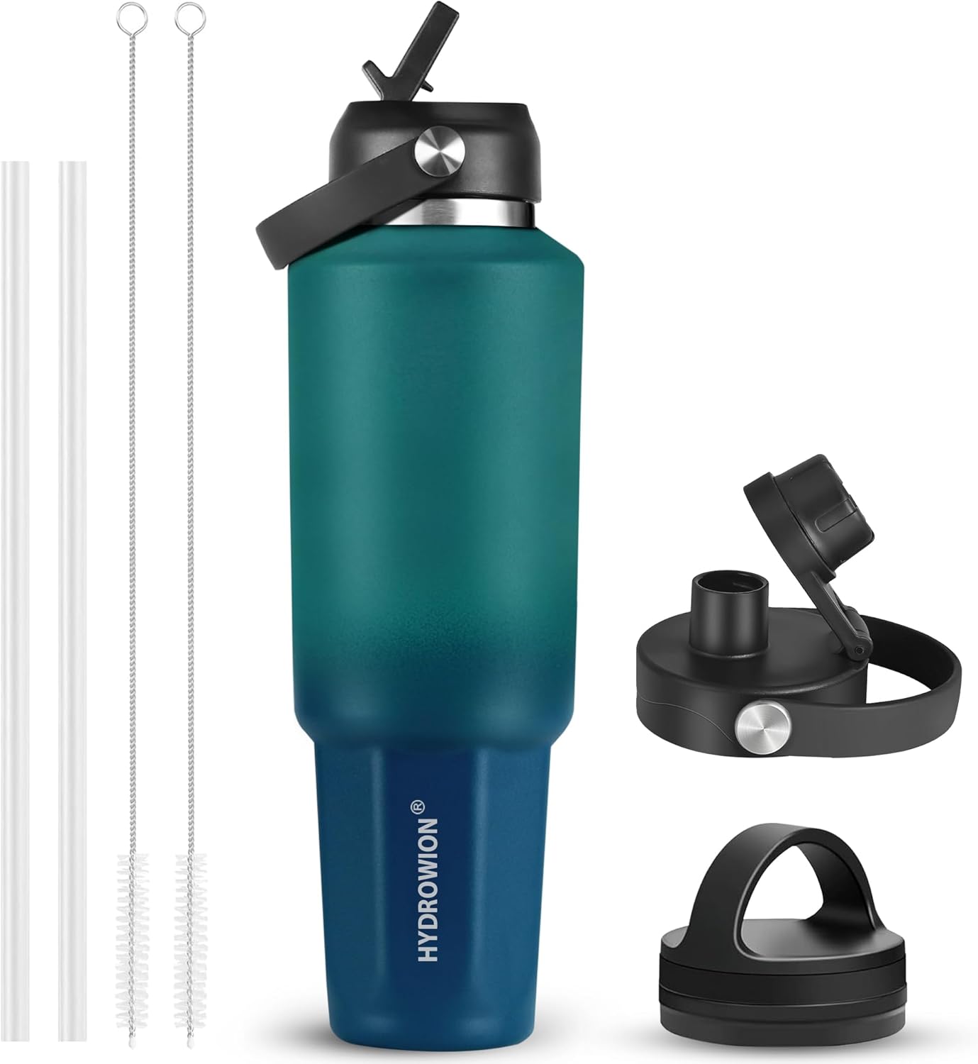 HYDROWION 32oz Stainless Steel Water Bottle(Cold for 48 Hrs, Hot for 24 Hrs),Double Wall Vacuum Insulated Water Bottle with Straw Lid, Spout Lid and Flex Cap, Fit in Any Car Cup Holder,Black