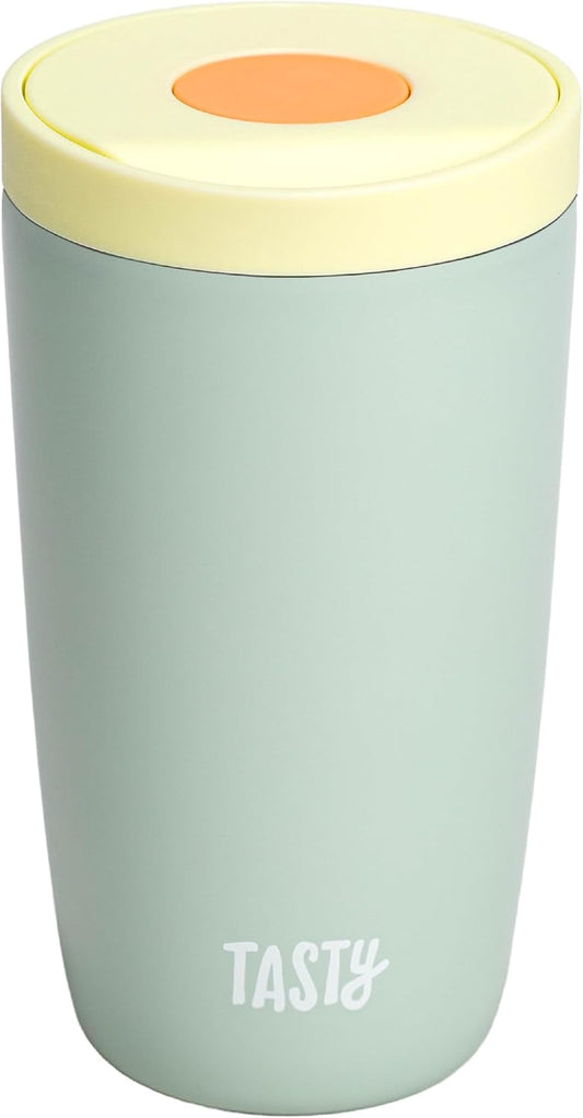 Tasty 12oz Insulated Stainless Steel Push Mug, Leak-Proof Lid with One-Hand Open/Close Button, Travel Coffee Cup, Double Wall Vacuum Flask, Aqua Blue