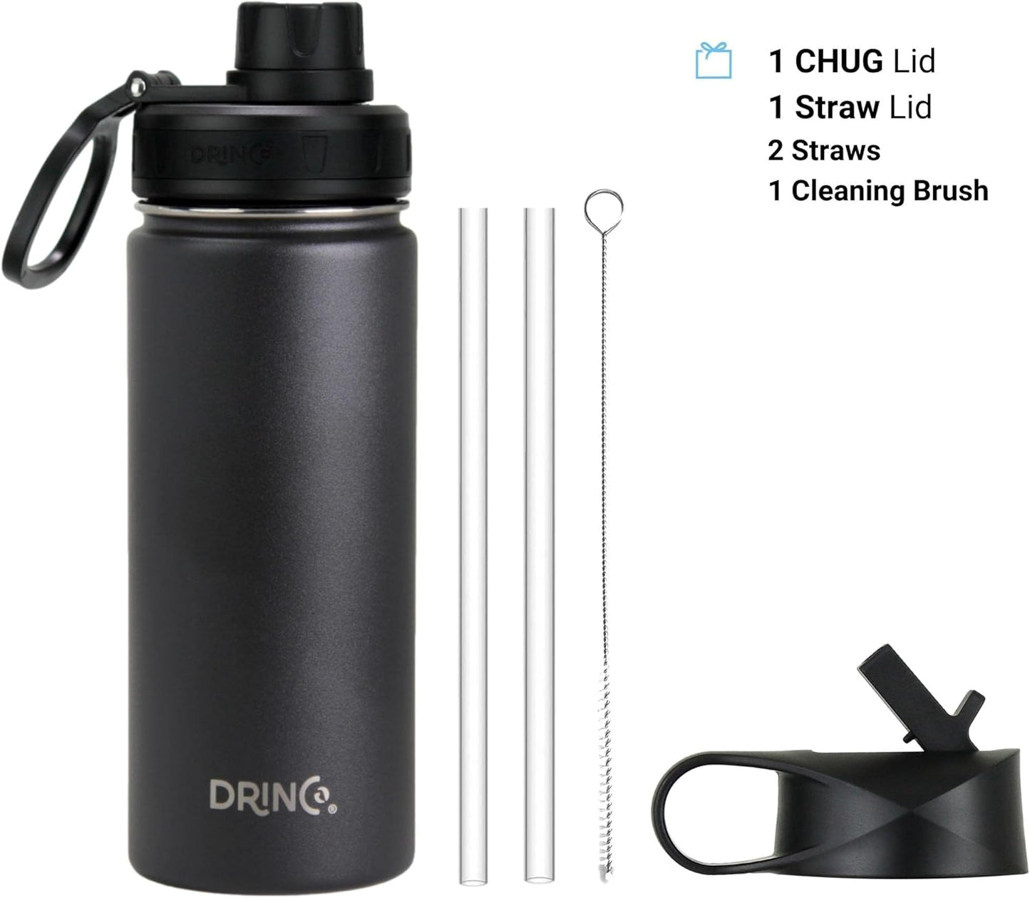 Drinco Stainless Steel Water Bottle Spout Lid Vacuum Insulated Double Wall Water Bottle Wide Mouth (40oz 32oz 22oz 18oz 14oz) Leak Proof Keep Cold Sport Camping Hiking (22 oz, 22oz Black)