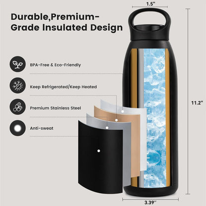 32oz Insulated Stainless Steel Water Bottle with Handle, Double Wall Leakproof Sport Water Bottle, BPA-Free, Keeps Cold 24H/Hot 12H, Ideal Gym Bottle for Men, Women, Office, Hiking, Black