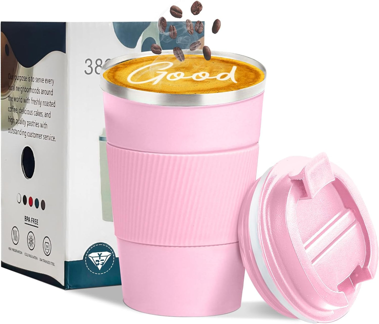 YINBAOGE Insulated Travel Coffee Mug, Spill & Leak Proof, Portable To Go Camping Stainless Steel Coffee Tumbler, Reusable Thermal Coffee Cup with Lid for Hot & Cold Drinks (Black, 12 OZ)