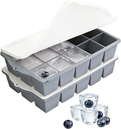 Silicone Ice Cube Tray, 2 Pack Easy-Release Stackable Ice Trays for Freezer with Lid 15 Reusable Cubes, Food Grade BPA Free Ice Molds for Whiskey, Baby Food, Coffee, Cocktail, Drinks (Blue)