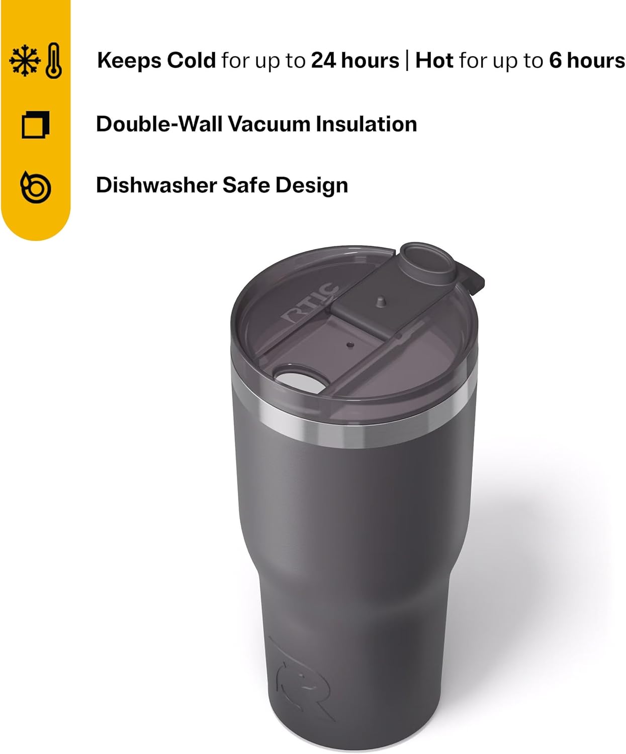 RTIC 20oz Essential Tumbler with Lid, Ceramic Lined, Insulated, Stainless Steel, Metal, Double Wall Vacuum-Insulation, Travel Cup for Iced Coffee, Tea, Hot and Cold Drink, Graphite