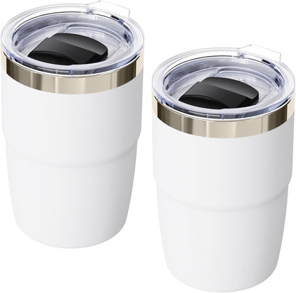 8 oz Small Coffee Cup with Magnetic Lid, Ceramic-Lined 18/8 Stainless Steel, Double-Wall Vacuum Insulated, Stackable, Dishwasher Safe, Mini Tumbler for On-the-Go, 2 Pack, Black