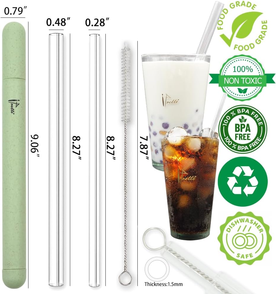 Reusable Glass Drinking Boba Straws Set with Portable Travel Case,Cleaning Brush,7mmx8.27” and 12mmx8.27”,Perfect for Smoothies,Milkshakes,Juice,Coffee,Bubble Tea,Sparking Water