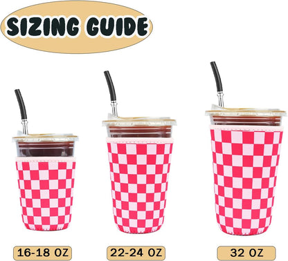 Reusable Insulated Neoprene Iced Coffee Cup Sleeve, Durable Drink Sleeve for Cold Beverages, Beverage Holder for Iced Coffee, Floral Checkers