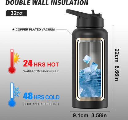 40oz Insulated Water Bottle (Cold for 48 Hrs),BPA Free&Leak Proof,Stainless Steel Water Flask,Water Jug with Straw Spout Lids for Gym,Hiking,Travel,Black Blue