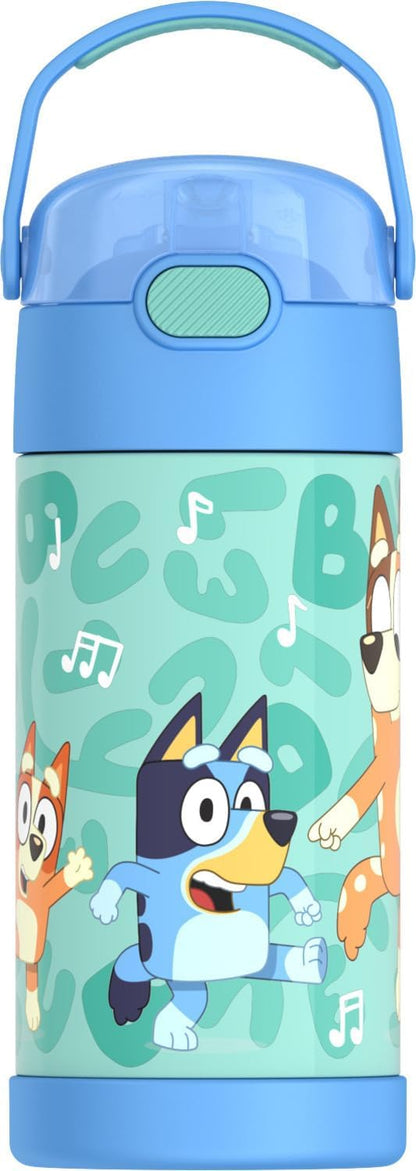 THERMOS FUNTAINER Water Bottle with Straw - 12 Ounce - Kids Stainless Steel Vacuum Insulated Water Bottle with Lid, Bluey - Colors B