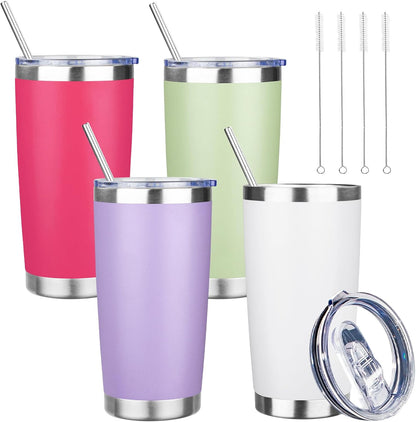 20 oz Tumbler with Lids and Straws, Stainless Steel Insulated Travel Coffee Mug, Double Wall Vacuum Insulated Tumblers, Powder Coated Coffee Tumbler for Cold & Hot Drinks (Light Purple)