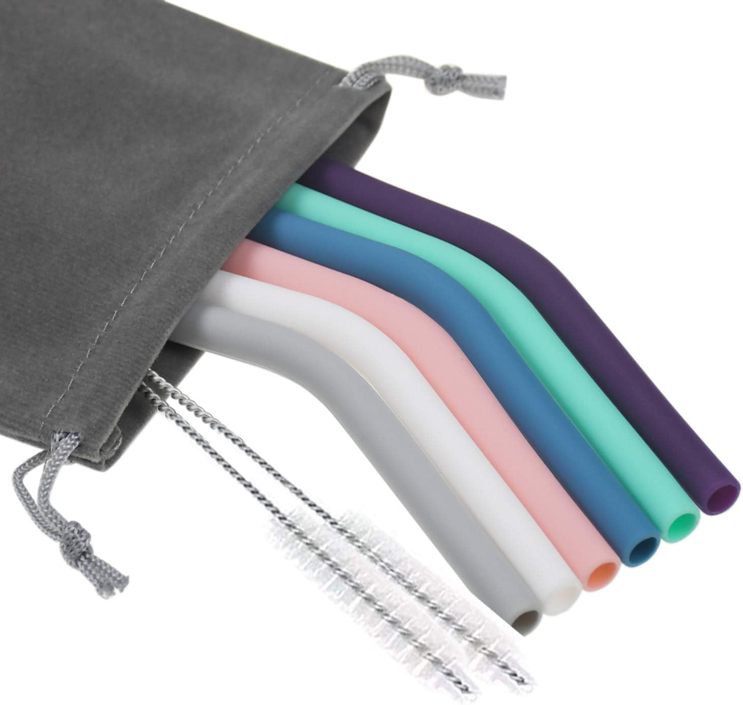 Senneny Set of 6 Silicone Drinking Straws for 30oz and 20oz - Reusable Silicone Straws BPA Free Extra Long with Cleaning Brushes- 6 Bent- 8mm diameter
