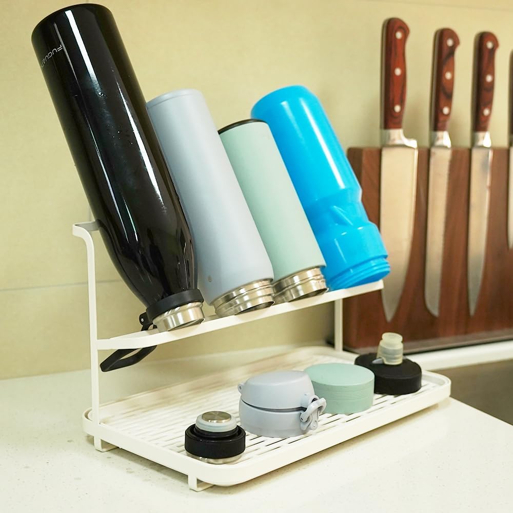 Countertop Kitchen Bottle Drying Rack with Drain Tray, 12.4 x 7.09 inch Counter Organizer, for Insulated Water, Baby Bottles and More - White