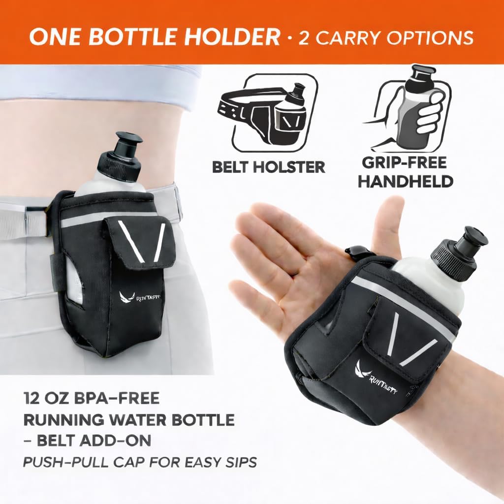 2-in-1 Running Fun: Handheld 12 Oz Water Bottle & Running Belt Add-On. No-Grip Design Straps on Hand & Slides on Belt. Waterproof Pocket for Money, Keys. Maximize Time, Freedom & Health