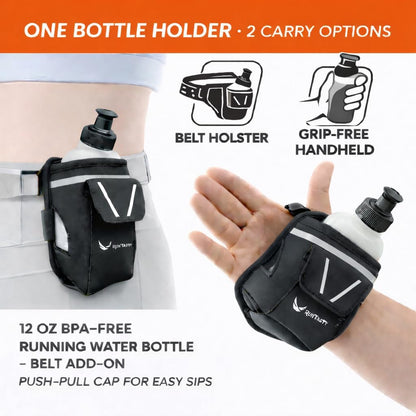 2-in-1 Running Fun: Handheld 12 Oz Water Bottle & Running Belt Add-On. No-Grip Design Straps on Hand & Slides on Belt. Waterproof Pocket for Money, Keys. Maximize Time, Freedom & Health