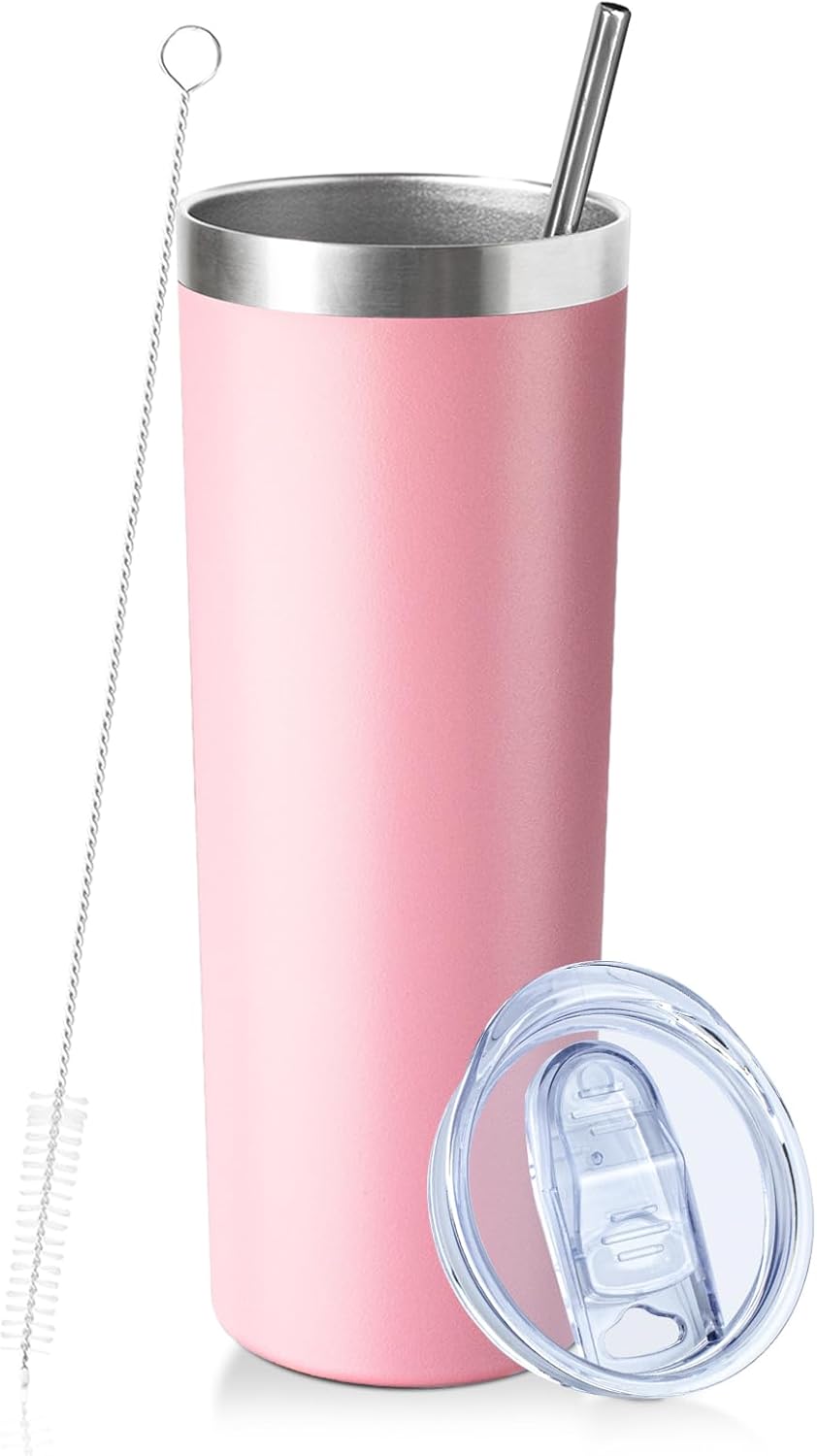 20 oz Skinny Tumblers with Lid and Straw,Stainless Steel Vacuum Insulated Tumbler Cup Double Wall Travel Coffee Mug, Thermal Water Tumbler for Hot and Cold Drinks(Rose Gold,1)