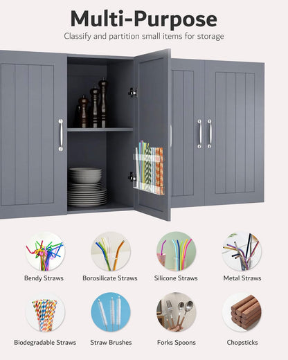 Upgraded 9.5'' Large Acrylic Straw Holder for Cabinet Door, Adjustable Space-Saving Straw Organizer Storage Dispenser for Cabinet with Ultra Sticky Adhesive Strips, 2-Part Rack, Drainage Holes