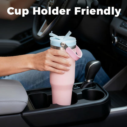 40 oz Insulated Stainless Steel Bottle with 2-in-1 Straw and Spout Lid, Water Bottle with Carry Handle Keep Cold 24H, Leak-Proof, Fits in Car Cup Holder, Travel, and School（off-White）