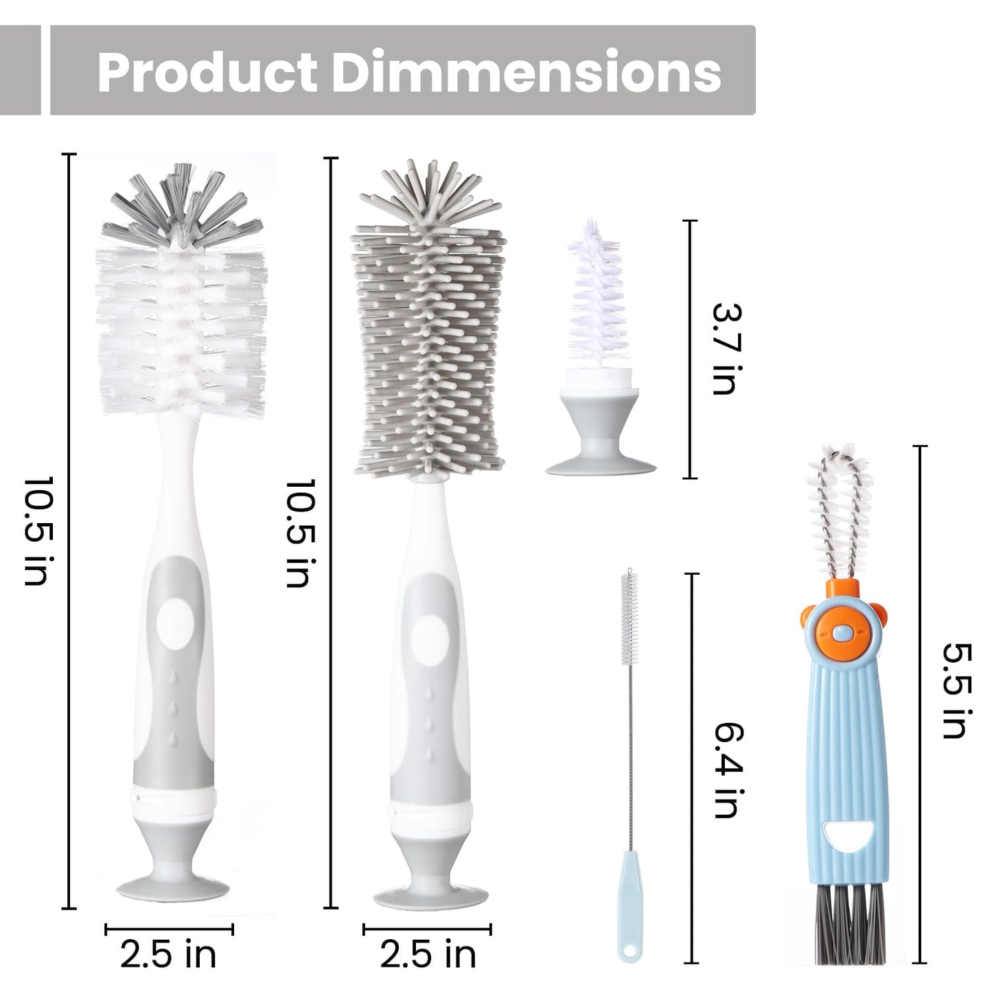 Ariseno 5-in-1 Baby Bottle Cleaner Set, Including Nylon & Silicone Bottle Brush, Cap, Straw & Nipple Brushes, BPA-Free (Grey)