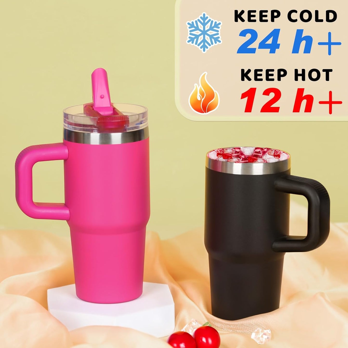 14 oz Tumbler for kids with Detachable Flip Straw Lid and handle, 100% Leak Proof 14 oz mini cup, Stainless Steel Vacuum Insulated Tumbler, Wide Mouth Easy to Clean, Keep Cold or Hot (Pink)