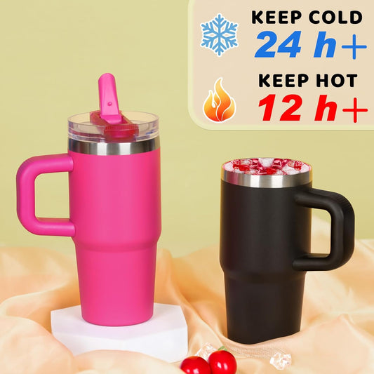 14 oz Tumbler for kids with Detachable Flip Straw Lid and handle, 100% Leak Proof 14 oz mini cup, Stainless Steel Vacuum Insulated Tumbler, Wide Mouth Easy to Clean, Keep Cold or Hot (Pink)