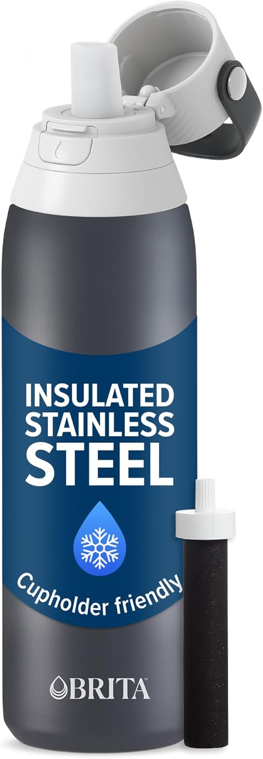 Brita Stainless Steel Premium Filtering Water Bottle, BPA-Free, Reusable, Insulated, Replaces 300 Plastic Water Bottles, Filter Lasts 2 Months or 40 Gallons, Includes 1 Filter, Glacier - 20 oz