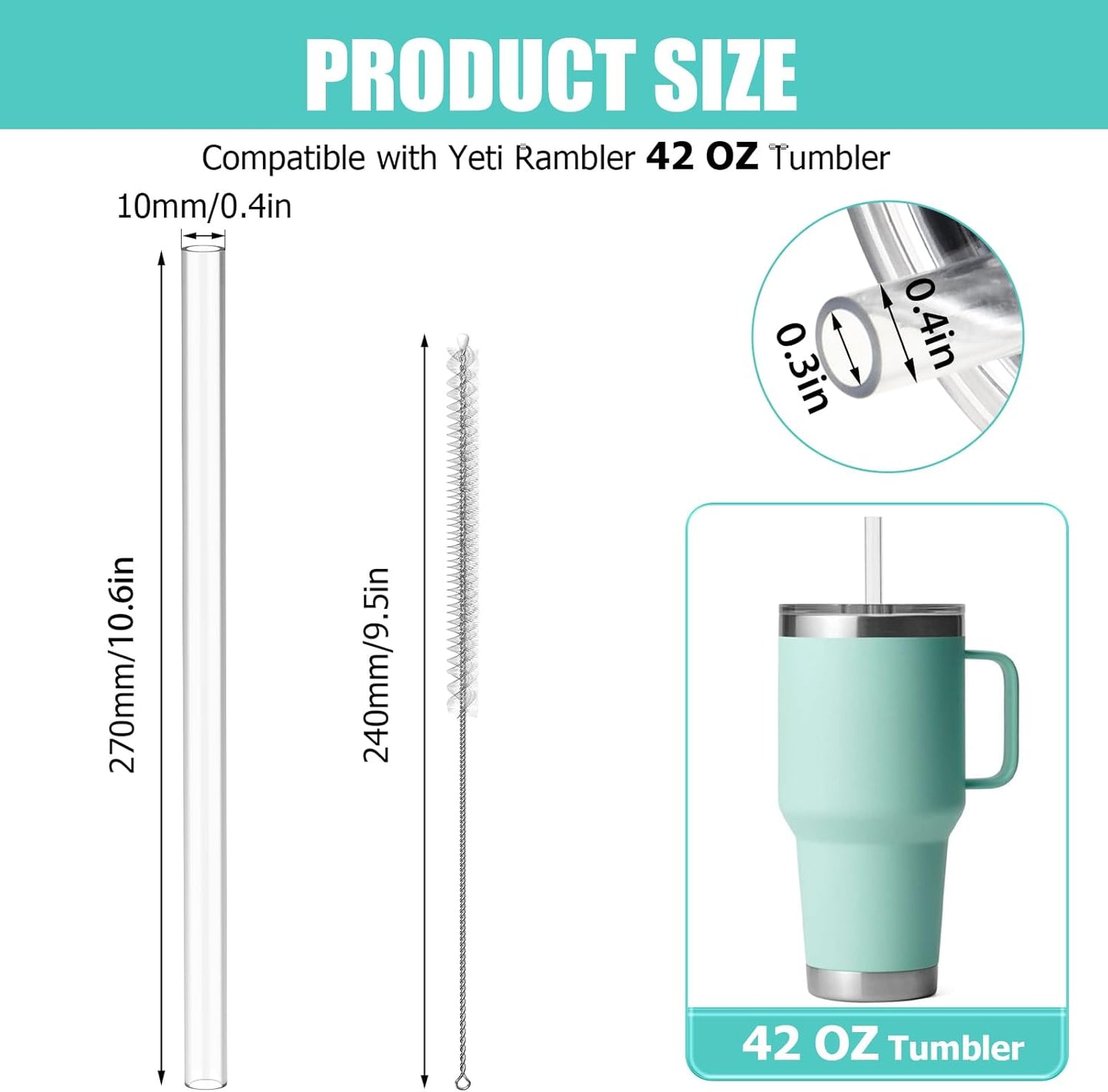Straws for Yeti 35 oz Rambler Tumbler, 6Pcs 9.5 Inch Reusable Replacement Straws, BPA-Free Hard Plastic Accessories with 1 Cleaning Brush, Ideal for Smoothies, Milkshakes