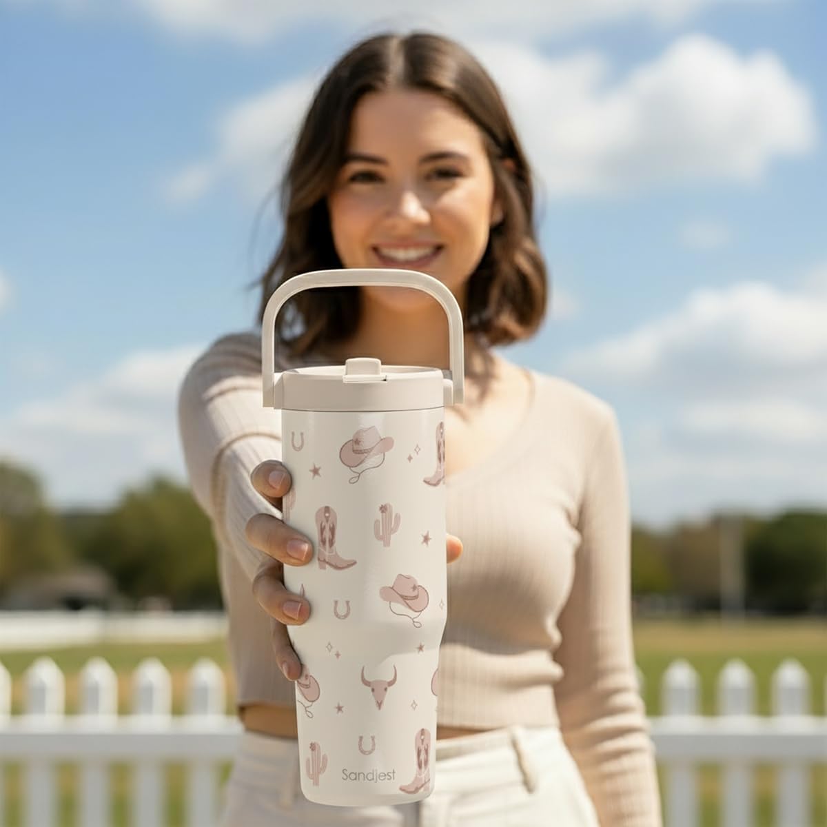 SANDJEST Leopard Skin Stainless Steel Straw Lid Tumbler 30oz with Carry Handle for Women Girls, Insulated Travel Coffee Cup, Gift for Sports Outdoor Workout Christmas Birthday (Beige)