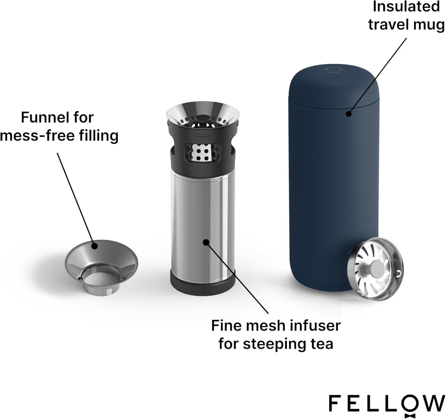 Fellow Carter Tea + Cold Brew Infuser & Carter Move 16 oz Tumbler Set - Steep Tea On-The-Go - Vacuum-Insulated Stainless Steel Travel Mug w/Snap-In Infuser For Steeping, Cold Brew, Stone Blue