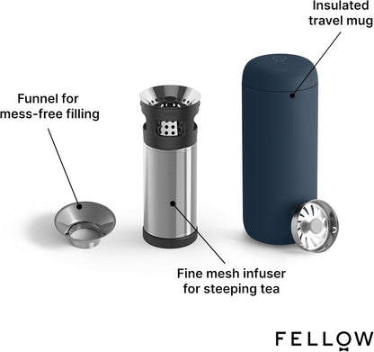 Fellow Carter Tea + Cold Brew Infuser & Carter Move 16 oz Tumbler Set - Steep Tea On-The-Go - Vacuum-Insulated Stainless Steel Travel Mug w/Snap-In Infuser For Steeping, Cold Brew, Stone Blue